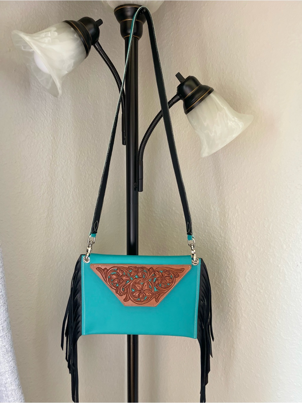 Handmade Leather Bag. Turquoise Crossbody With Black Fringe And Tooled Flap